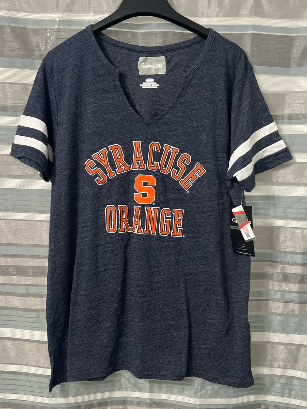 Syracuse Orange Navy V‑Neck Tee with White Sleeve Stripes